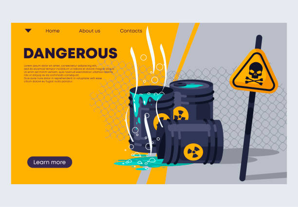 ilustrações, clipart, desenhos animados e ícones de ilustração vetorial de um modelo de banner para um site, resíduos químicos perigosos em barris, um sinal de alerta de perigo - hazardous materials protection