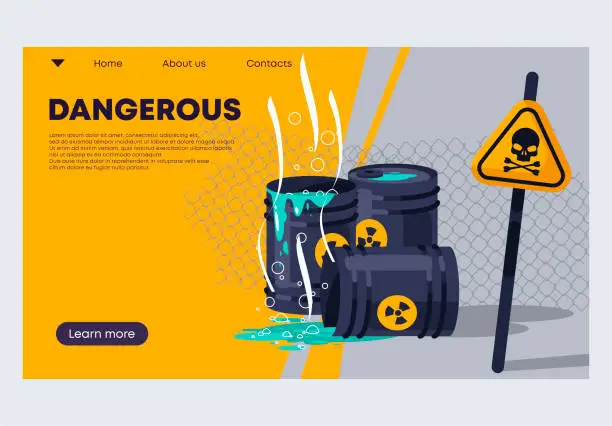 Vector illustration of vector illustration of a banner template for a website, hazardous chemical waste in barrels, a warning sign of danger