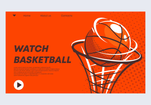 온라인 농구 비디오 서비스의 웹 사이트에 대한 배너 템플릿의 벡터 일러스트레이션, 농구 공은 주황색 배경에 반지로 날아갑니다 - playoffs stock illustrations