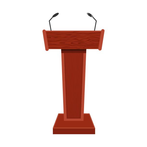 istock Wooden podium illustration. Rostrums or tribunes with microphones for interviews or lectures in classroom isolated on white 1416862375