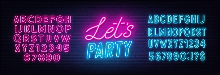 Let's Party neon lettering on brick wall background. Pink and blue neon alphabets.