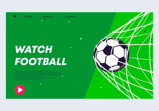 ilustrações, clipart, desenhos animados e ícones de ilustração vetorial de um modelo de banner para um site de bola de futebol em uma rede de gols, um gol marcado, assistir a uma partida de futebol na internet - soccer sign ball speed
