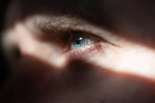 Close up of blue eye of caucasian businessman, isolated on grey background. business technology, communication and growth concept.