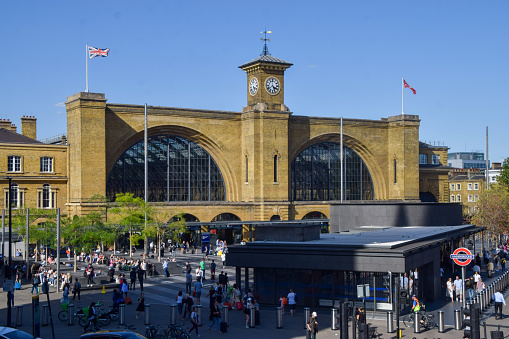 London, UK - August 19 2022: King's Cross railway station exterior panoramic view