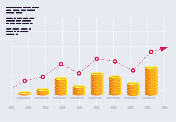 illustrazioni stock, clip art, cartoni animati e icone di tendenza di illustrazione vettoriale di monete d'oro sotto forma di grafico verticale, grafici, con una freccia rossa, strategia aziendale di risparmio di denaro - location shot