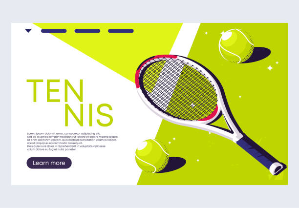 ilustrações, clipart, desenhos animados e ícones de ilustração vetorial de um modelo de site minimalista para um torneio de tênis com bolas verdes claras deitados em uma quadra de tênis - tennis court sport net