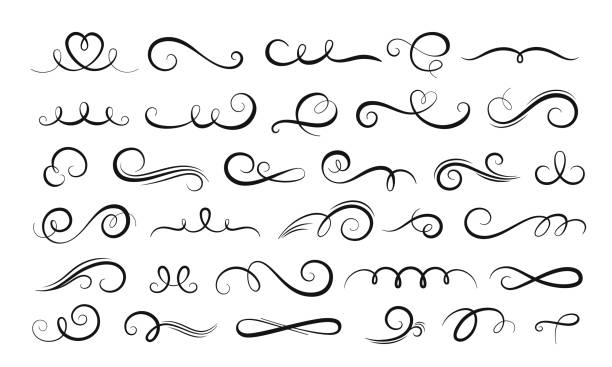 Calligraphic swirls dividers and outline swashes borders. Ornament filigree swirled lines hand design. Rustic flourish decorations racy vector set Calligraphic swirls dividers and outline swashes borders. Ornament filigree swirled lines hand design. Rustic flourish decorations vector set of calligraphy scroll decorative calligraphic illustration landscape design stock illustrations