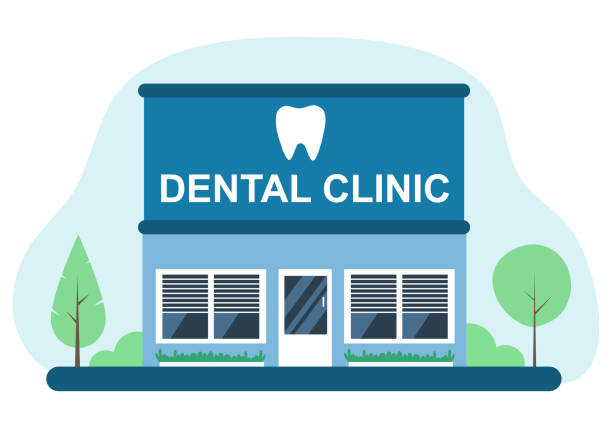 стоматологическая клиника в плоском дизайне на синем фоне. стоматология стоматологической помощи. - dentist office stock illustrations
