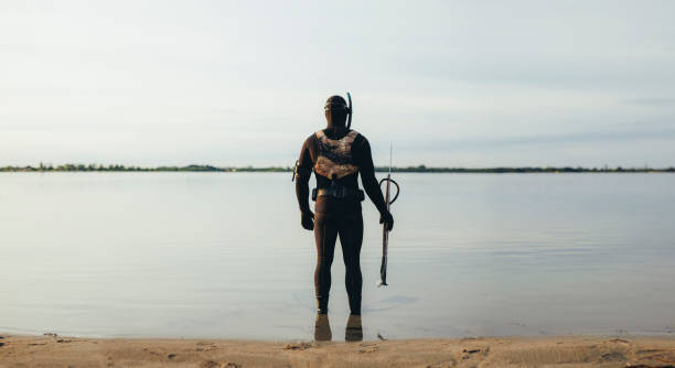 Spear fisherman standing in sea water Rearview of man standing in sea water wearing a wetsuit and holding a speargun. Adventurous young man getting ready to go spearfishing under the water. harpoon stock pictures, royalty-free photos & images