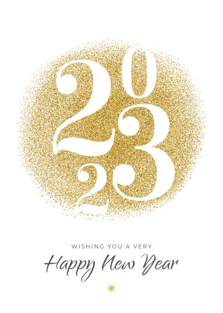 2023 - New Year's Day card with golden glitter. 2023 - New Year's Day card with golden glitter. White background. Stock illustration new years day stock illustrations