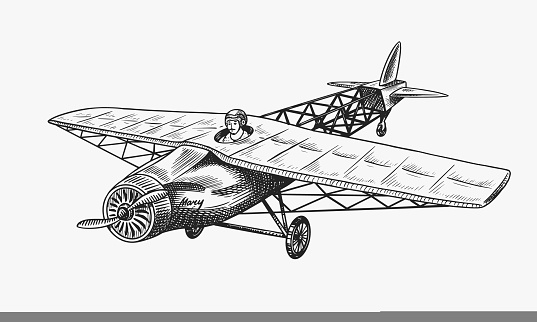 Passenger airplane corncob or plane aviation travel illustration. Engraved hand drawn in old sketch style, vintage transport. Vector illustration