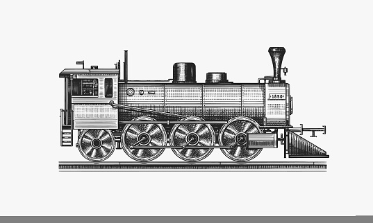 Old locomotive or train on railway. Retro transport. Engraved vintage, hand drawn sketch for t shirt. Vector illustration