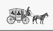 Horse carriage. Coachman on an old victorian Chariot. Animal-powered public transport. Hand drawn engraved sketch. Vintage retro illustration.