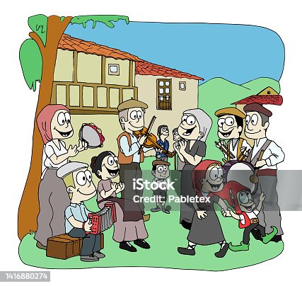 istock Party in a town, small village, with people dancing and making music wearing traditional clothes and an elf dancing with a girl. Vintage cartoon style vector illustration. 1416880274