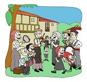 istock Party in a town, small village, with people dancing and making music wearing traditional clothes and an elf dancing with a girl. Vintage cartoon style vector illustration. 1416880274