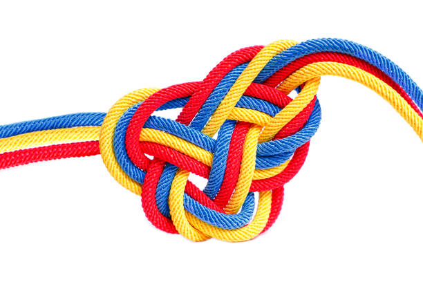 istock Multicolored celtic knot made from cords on white 1416880846