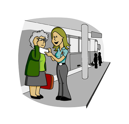 Cute worker woman wearing uniform work clothes and giving directions to an old woman looking the travel ticket inside a bus station. Cartoon style vector illustration.