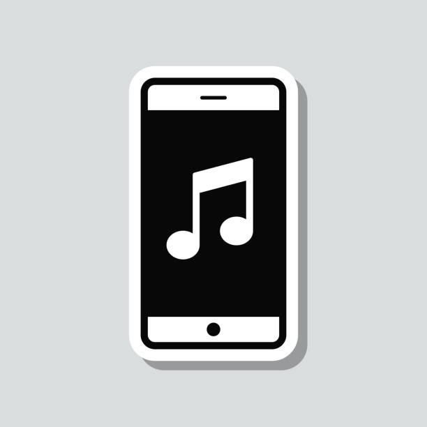 ilustraciones, imágenes clip art, dibujos animados e iconos de stock de música en smartphone. pegatina de icono sobre fondo gris - gray background audio