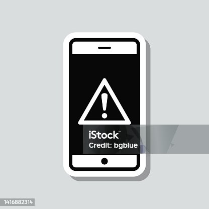 istock Smartphone with hazard warning attention. Icon sticker on gray background 1416882314