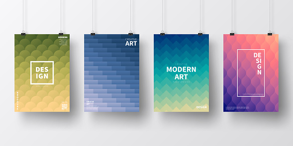 Four realistic posters in vertical position with modern and trendy backgrounds, isolated on white wall. Abstract colorful illustrations with geometric patterns and beautiful color gradients (colors used: Purple, Pink, Orange, Green, Blue, Black, Beige, Turquoise, Yellow). Template for your own design, with space for your text. The layers are named to facilitate your customization. Vector Illustration (EPS10, well layered and grouped), wide format (2:1). Easy to edit, manipulate, resize and colorize.