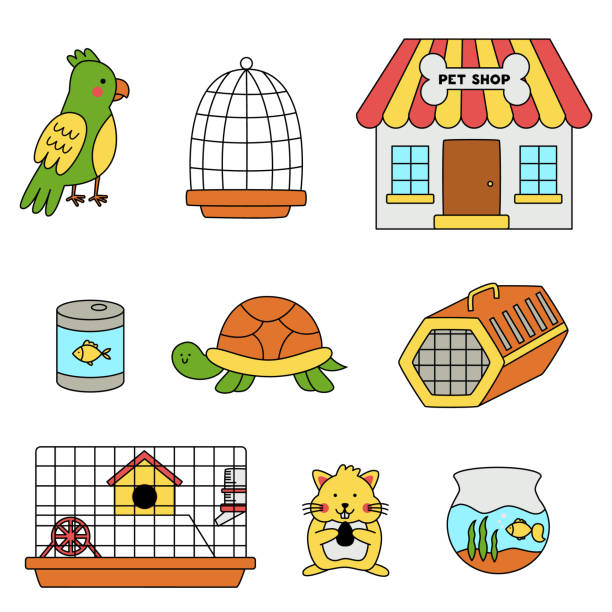 만화 스타일의 귀여운 애완 동물과 애완 동물 액세서리 세트. - hamster cage birdcage isolated stock illustrations