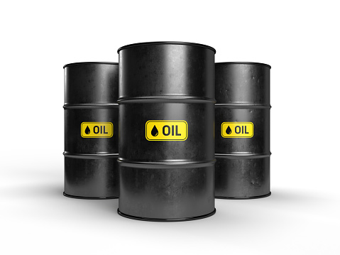 Three black oil barrels on a white background. 3D illustration.