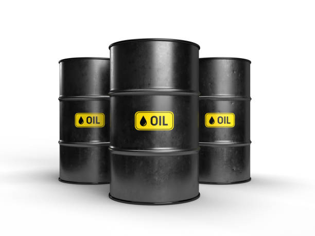 Three black oil barrels on a white background. Three black oil barrels on a white background. 3D illustration. drum container stock pictures, royalty-free photos & images