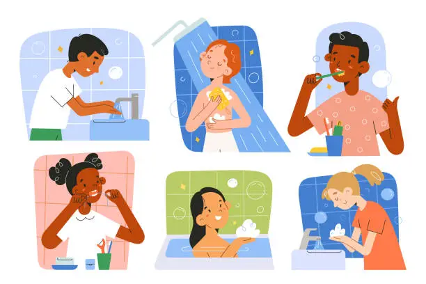 Vector illustration of Childrens hygiene routines, small boys, girls wash in bathtub, toddler uses dental floss, kid brushes teeth, take shower and wash hands with soap