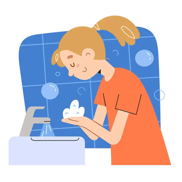 Vector illustration of Cute smiling young girl washes her hands, stands in front of sinkin the bathroom, toddler child washes her hands, uses soap foam, rinses hands