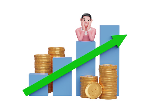 sweet girl in pink sweater look at investment rising, 3d illustration of a business woman in sweater holding dollar coin