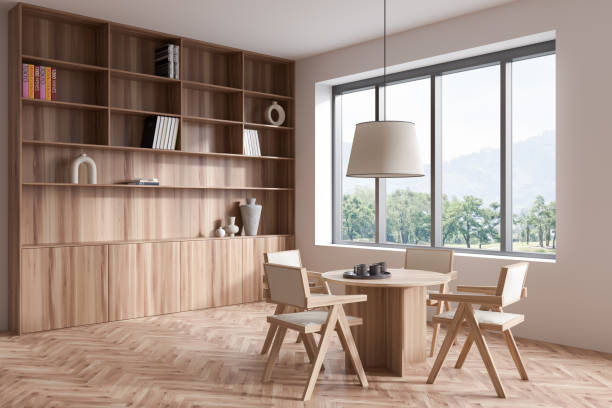 istock Meeting room interior with chairs and shelf with decoration, panoramic window 1416893946