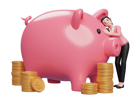 Businesswoman in pink sweater feel satisfied after good savings, 3d illustration of a business woman in pink sweater holding dollar coin