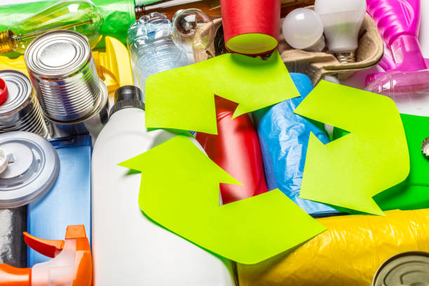 istock Eco concept with recycling symbol on table background top view 1416895631