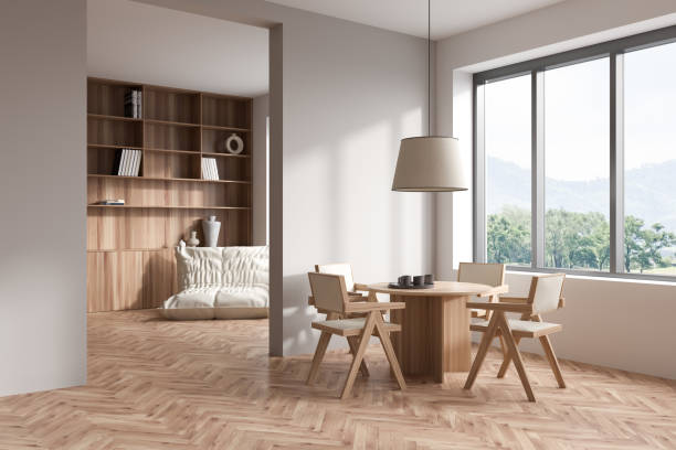 istock Light living room interior with eating and relax area, panoramic window 1416897894