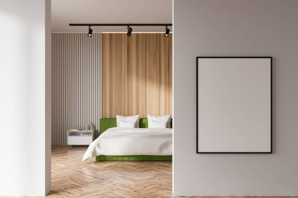 istock Light bedroom interior with bed and nightstand with decoration. Mockup frame 1416898432