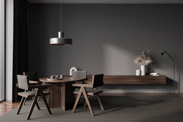 istock Front view on dark living room interior with table, armchairs 1416899626