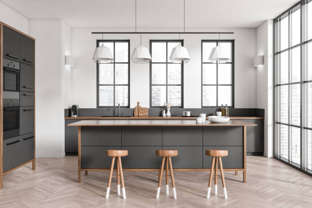 istock Front view on bright kitchen room interior with cupboard, island 1416900214
