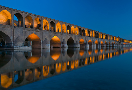 Si-o-se Pol (33 Bridge) reflected on Zayendeh river at night, Isfahan, Iran