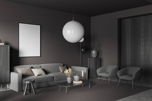 istock Relax room interior with couch and coffee table. Mockup frame 1416900235