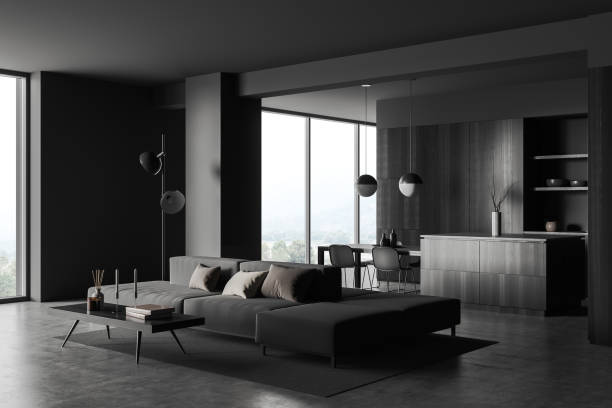 istock Grey kitchen interior with couch and eating area, panoramic window 1416900762
