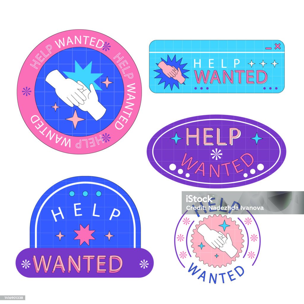 Help Wanted Risograph Hand Drawn Help Wanted Badges Set Vector Illustration Stock ...