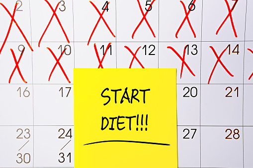 The phrase Start Diet written in black text on a yellow sticky note posted to a calendar page as a reminder. Close up of a personal agenda, top view. Motivational quote