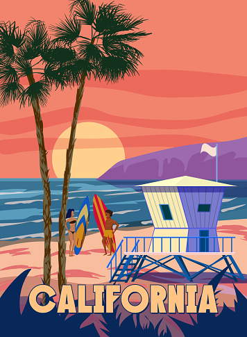 California Retro Poster. Lifeguard house on the beach, sunset, palm, coast, surf, ocean. Vector illustration vintage