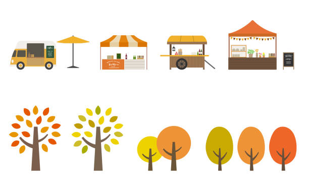 Autumn leaves and stall and shop icon Autumn leaves and stall and shop icon, event, festival,market, marche concession stand stock illustrations