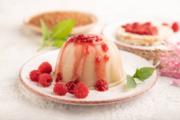istock Buckwheat milk jelly on gray concrete, side view, selective focus. 1416911834