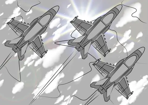 Vector illustration of Group of jet aircraft in combat formation flies high in sky. Fighters on a sunny day in sky. Military airplane on a reconnaissance sortie or escorting an object. Air Force. Army in action. Avia show