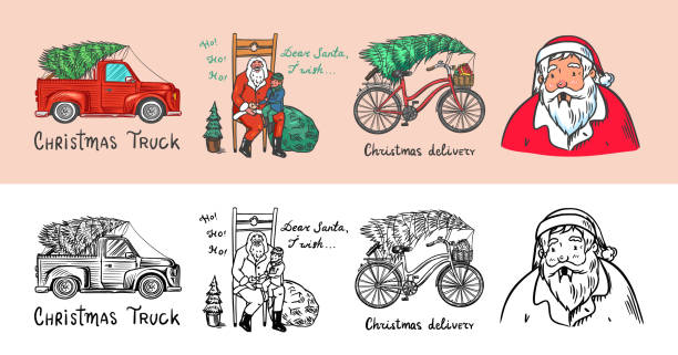 ilustrações de stock, clip art, desenhos animados e ícones de car and bicycle with a christmas tree. spruce iand wreath. santa claus. bearded grandfather with a child. vector illustration for label, postcard or banner. hand drawn vintage engraved sketch. - bicycle characters postal worker sketch