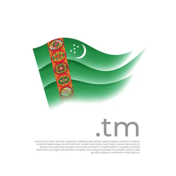 Vector illustration of Turkmenistan flag. Vector stylized design national poster on a white background. Turkmen flag painted with abstract brush strokes, tm domain, place for text. State patriotic banner of turkmenistan
