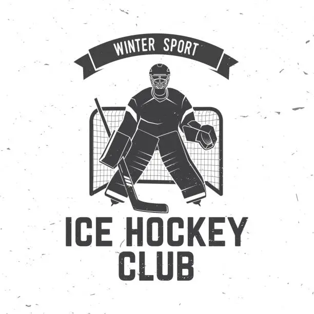 Vector illustration of Hockey club logo, badge design. Concept for shirt or logo, print, stamp or tee. Winter sport. Vector illustration. Hockey goalkeeper, goaltender protects the gate.