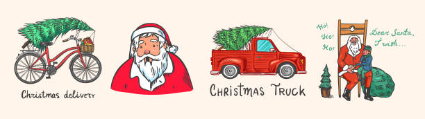ilustrações de stock, clip art, desenhos animados e ícones de car and bicycle with a christmas tree. spruce iand wreath. santa claus. bearded grandfather with a child. vector illustration for label, postcard or banner. hand drawn vintage engraved sketch. - bicycle characters postal worker sketch